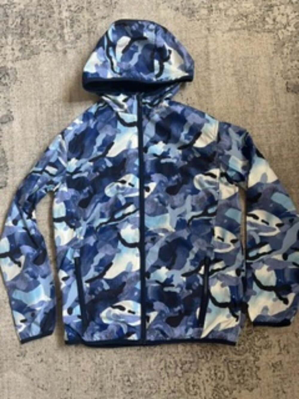 🧡3/$15 all in motion Blue White Camouflage Hooded Windbreaker Jacket XL (14)